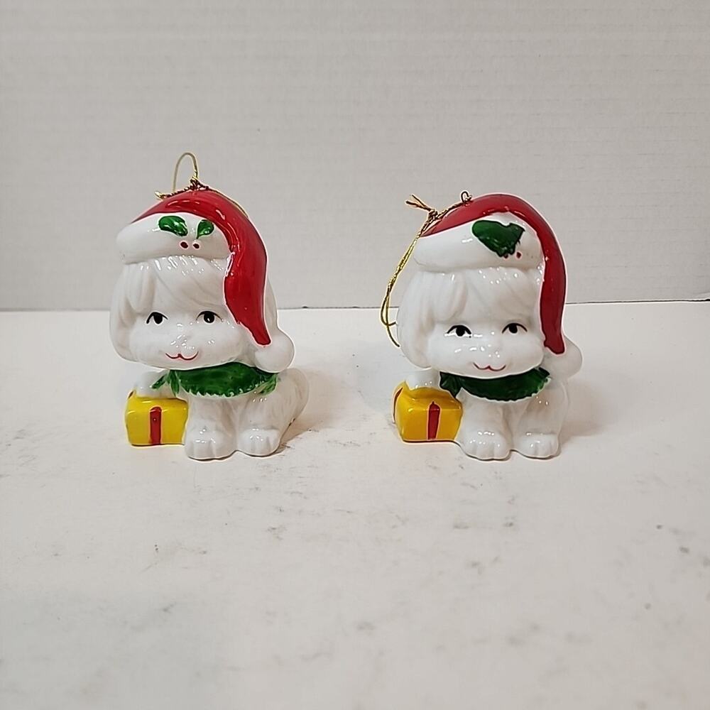 Vtg White Dog Wearing a Santa Hat Bone China Hanging 4" Christmas Ornaments Qty2